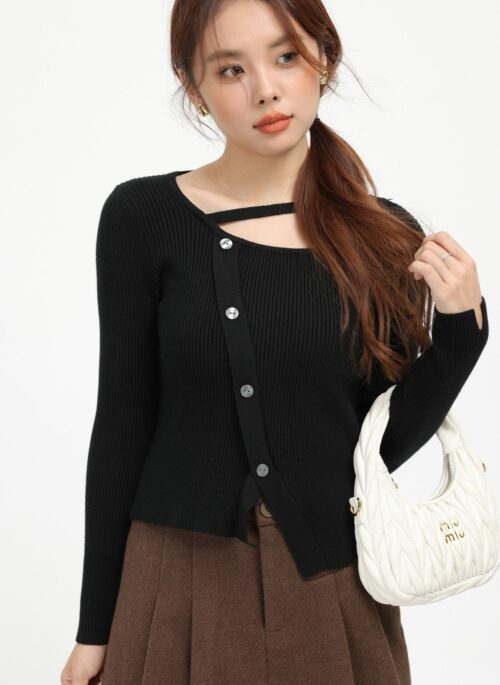 Black Irregular Knitted Oblique Buttoned Cardigan