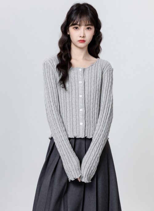 Grey Twisted Ruffle Knit Crop Cardigan