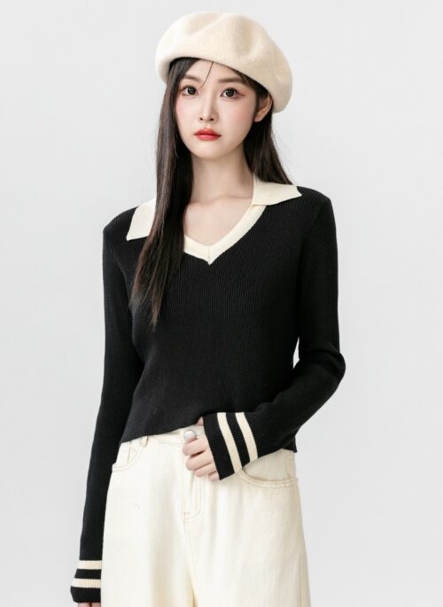 Black Knit Polo Collar V-Neck Sweater