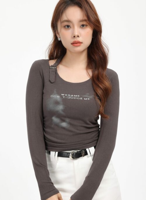 Gray Halterneck Long Sleeve T-Shirt  With Printed Texts Design