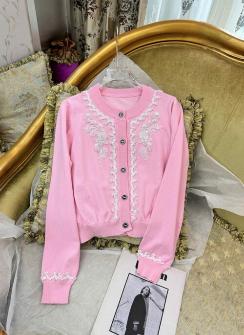 Pink Bead Embroidered Knit Cardigan | Ningning - Aespa