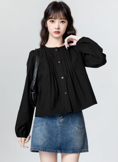 Black Pleated Design Doll Long Sleeve Shirt