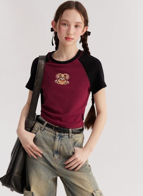 Red Bear Print Raglan Crop T-Shirt | Karina - Aespa