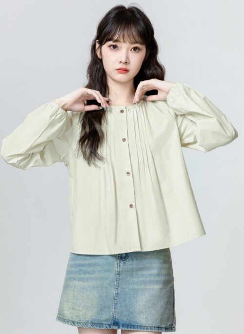 Green French Style Loose Pleated Long Sleeve Shirt