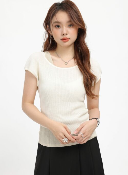 Apricot Fake Two-Piece Short Sleeve Top