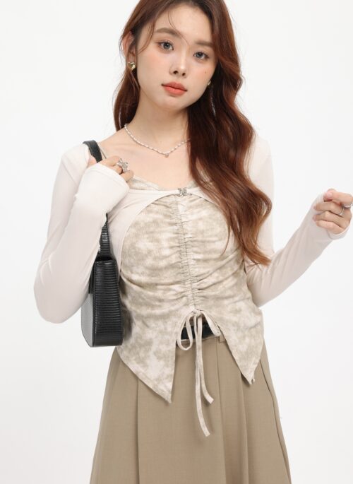 Beige American Style Fake Two-Piece Bustier T-Shirt