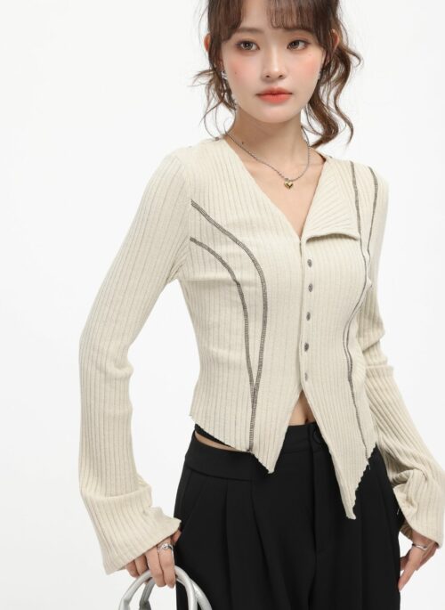 Khaki French Style Vneck Knit Sweater With Stripe Lines