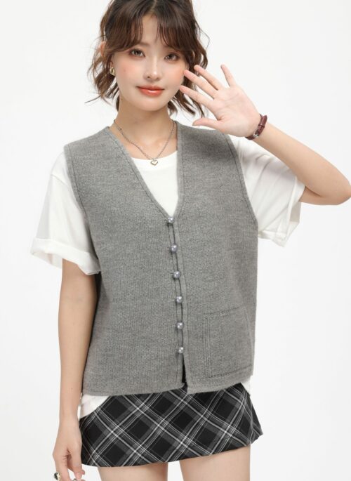 Grey Knitted V-Neck Cardigan Vest