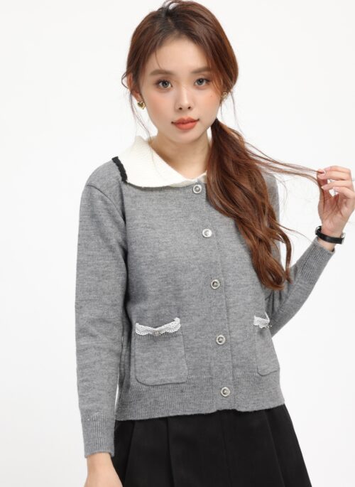 Gray Vintage Knit Cardigan With Sweet Collar