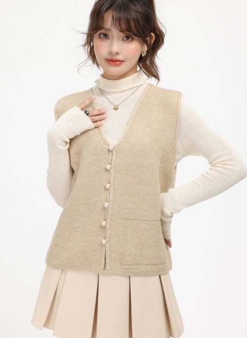 Beige Knitted V-Neck Cardigan Vest