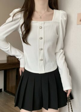 White Buttoned Knitted Puff Sleeves Top | Go Eun Ha – My Sweet Mobster