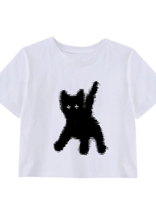 White Cat Print Cropped T-Shirt | Eunchae - Le Sserafim