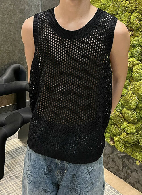 Black Hollow Knit Tank Top | Chanyeol - EXO