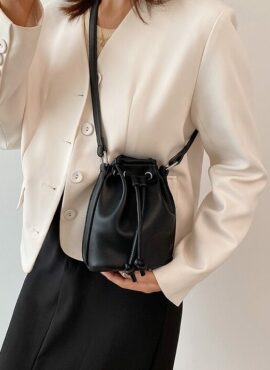 Black Mini Faux Leather Drawstring Bucket Bag | Baek Seok Ryu – Love Next Door