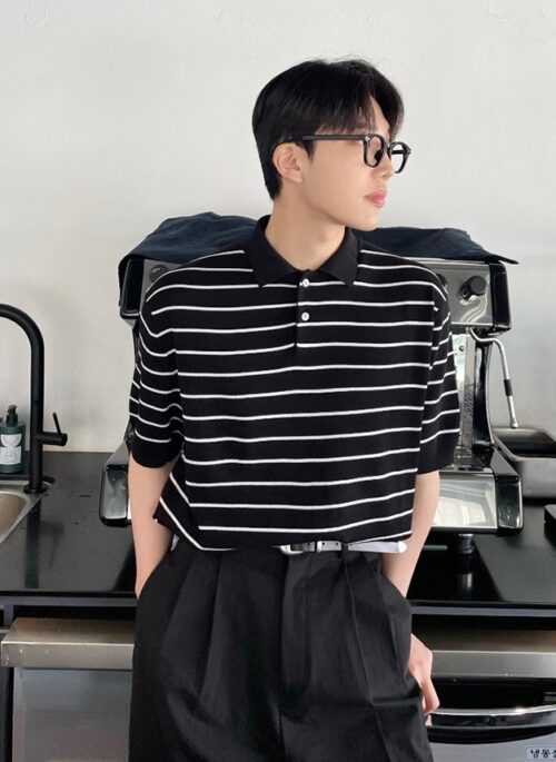 Black Striped Casual Polo Shirt | Changbin - Stray Kids