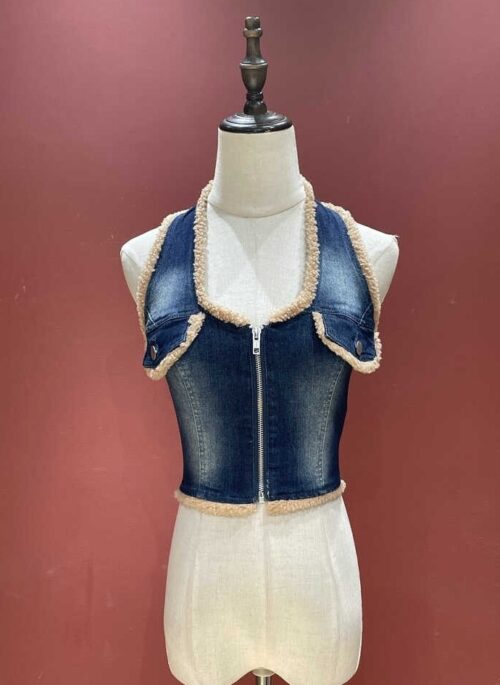 Blue Denim Fleece-Lined Halter Vest | Karina - Aespa