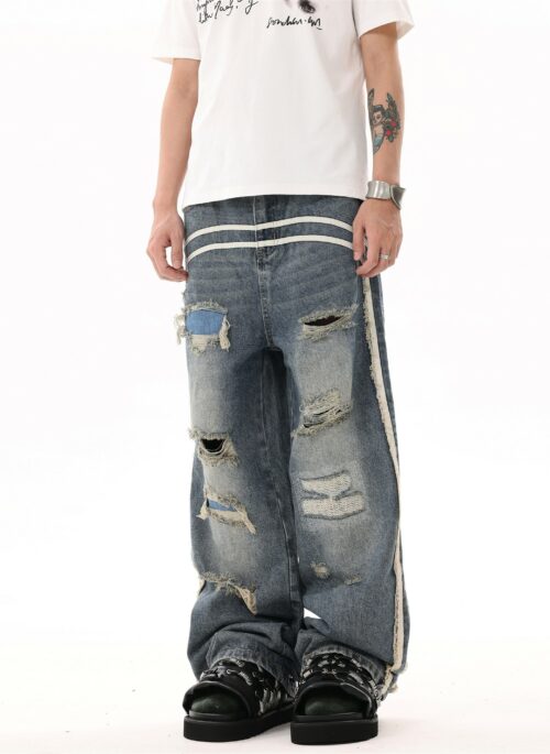 Blue Double Striped Distressed Jeans | Hinata - XG