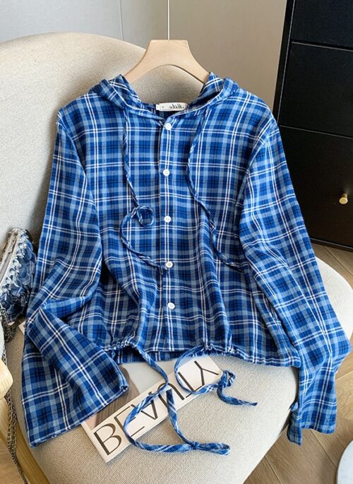 Blue Plaid Cropped Hooded Shirt | Nayeon - Twice