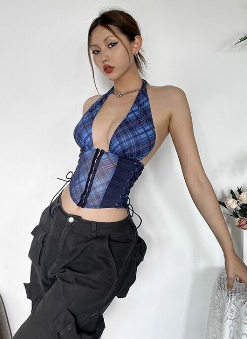 Blue Plaid Halter Corset Top | Chaewon – Le Sserafim