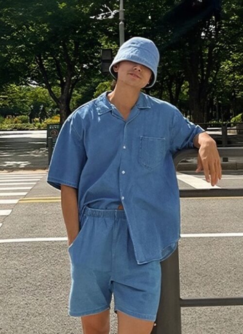 Blue Short Sleeves Denim Shirt | LeeKnow - Stray Kids