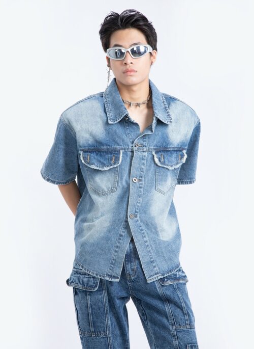 Blue Worn-Out Pockets Denim Shirt | Jisung - Stray Kids