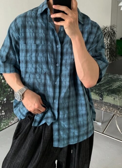 Blue Wrinkled Short Sleeve Plaid Shirt | Changbin - Stray Kids