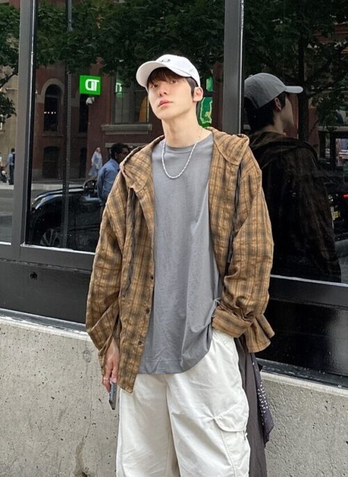 Brown Plaid Hooded Shirt | Yunho - ATEEZ