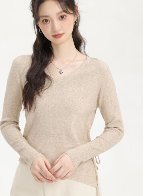 Beige V-Neck Plain Sweater