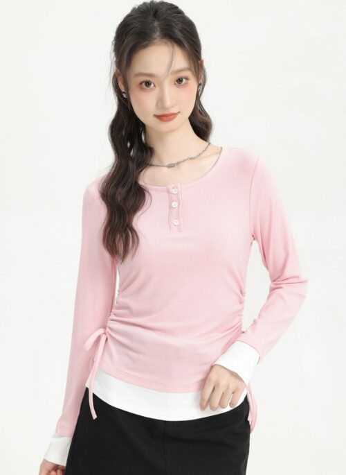 Pink Fake Two-Piece Long Sleeve Shirt With Casual Drawstring