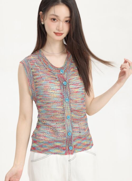 Colorful Sleeveless Stripe Knit Top With Button Closure