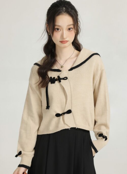 Beige Navy Collar Knitted Sweater With Sided Bows