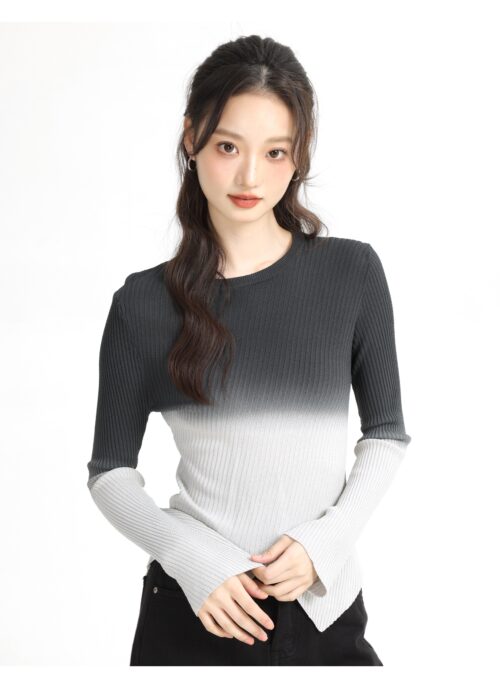 Black Gradient Color Round Neck Knit Sweater