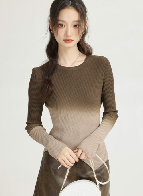 Brown Gradient Knit Sweater With Irregular Hem