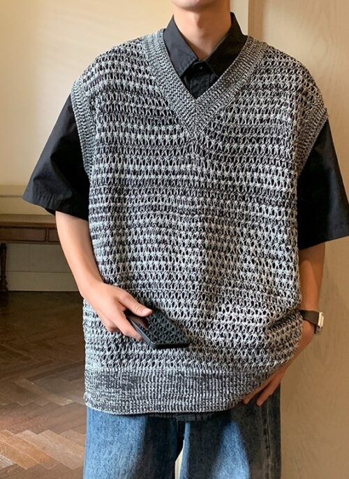 Grey Hollow Knitted Vest | Jisung - Stray Kids