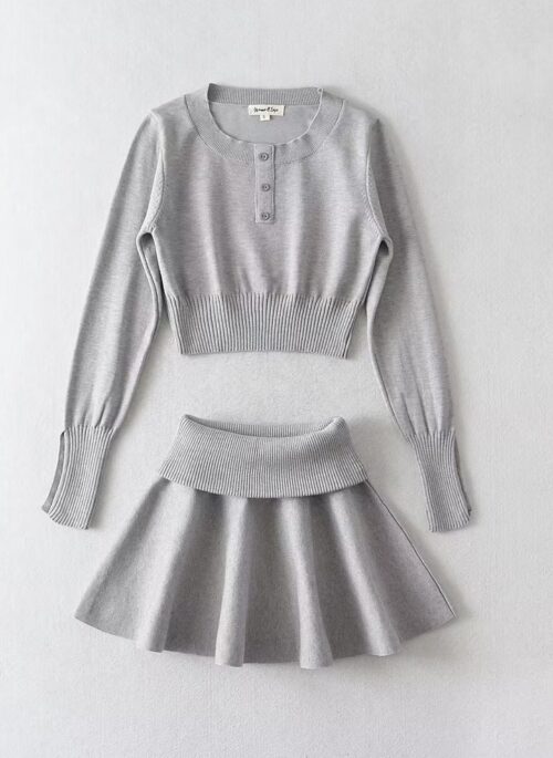 Grey Long Sleeve Top And Skirt Set | Lisa - BlackPink