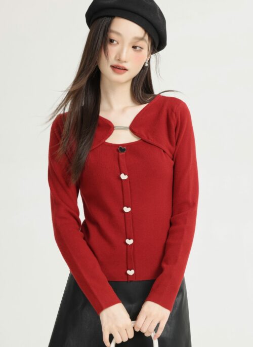 Red Hollow Knit Sweater With Heart Buttons