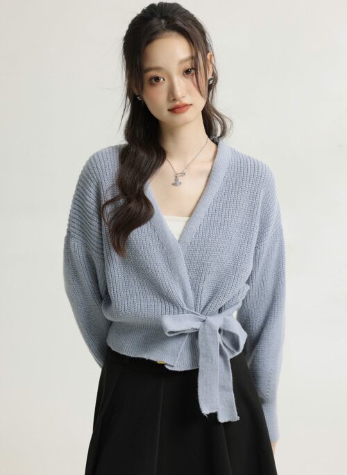 Blue Irregular Cross Strap Knit Cardigan