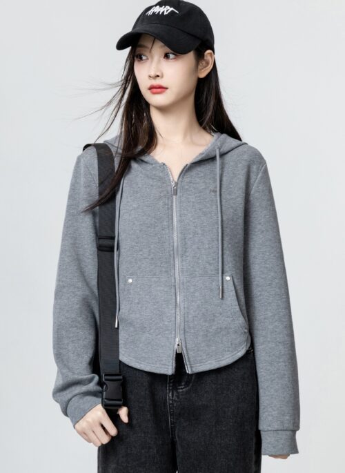 Gray Hooded Jaket With Pockets