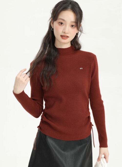 Red Turtleneck Sweater With Side Drawstring And Bow Logo