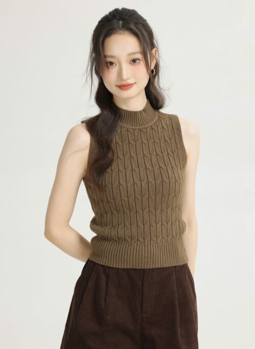 Brown Knitted High Neck Sleeveless Vest Top