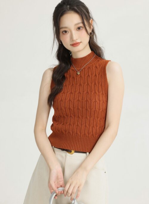 Orange Knitted Solid Color High Neck Vest Top