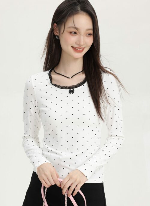 White Lace Trim Polka Dot Long Sleeve Tee