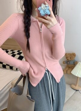 Pink Ribbed Two-Way Zip Cardigan | Tzuyu – Twice