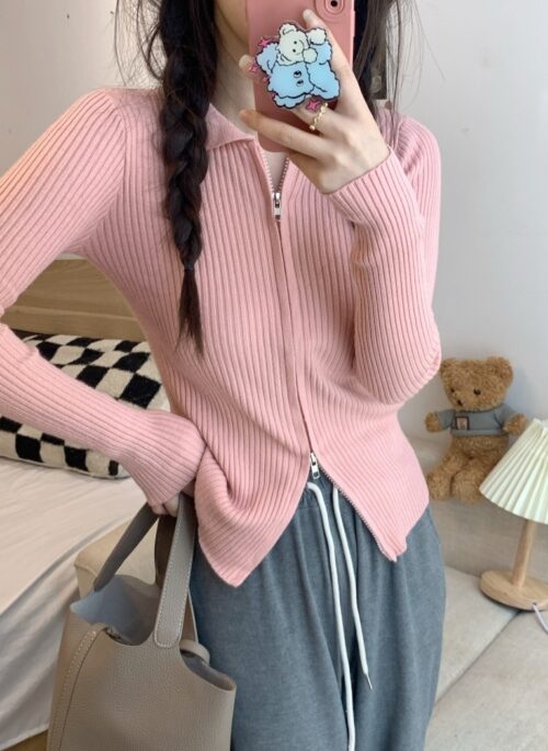 Pink Ribbed Two-Way Zip Cardigan | Tzuyu – TWICE