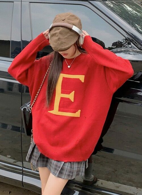 Red Letter Logo Distressed Sweater | Heeseung - Enhypen