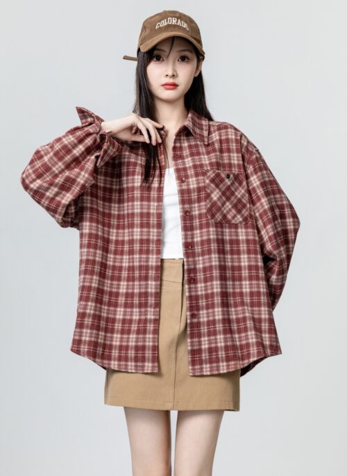 Red Plaid Collared Shirt With Pocket