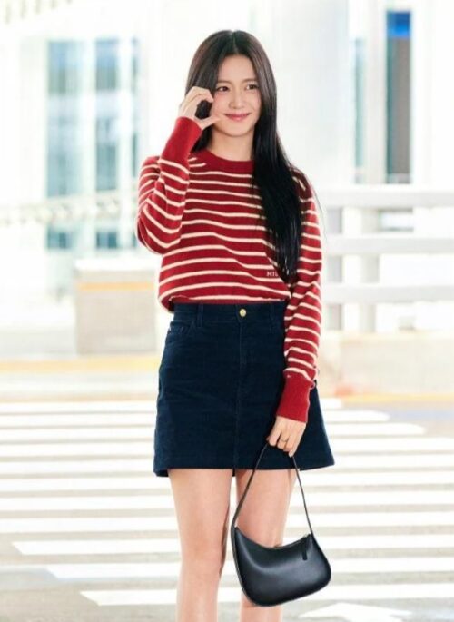 Red Striped Button-Detail Knit Sweater | Jisoo - BlackPink