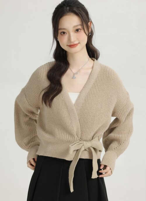 Beige Irregular Cross Strap Knit Cardigan