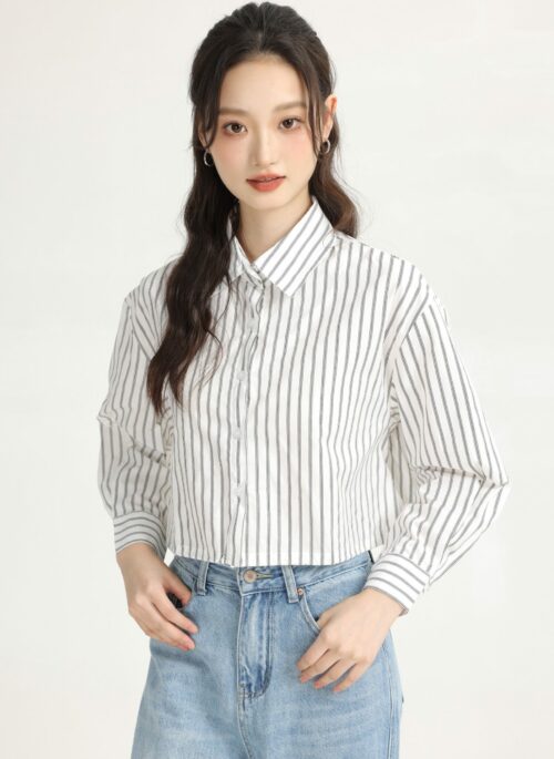 White Vertical Striped Collared Long Sleeve Shirt