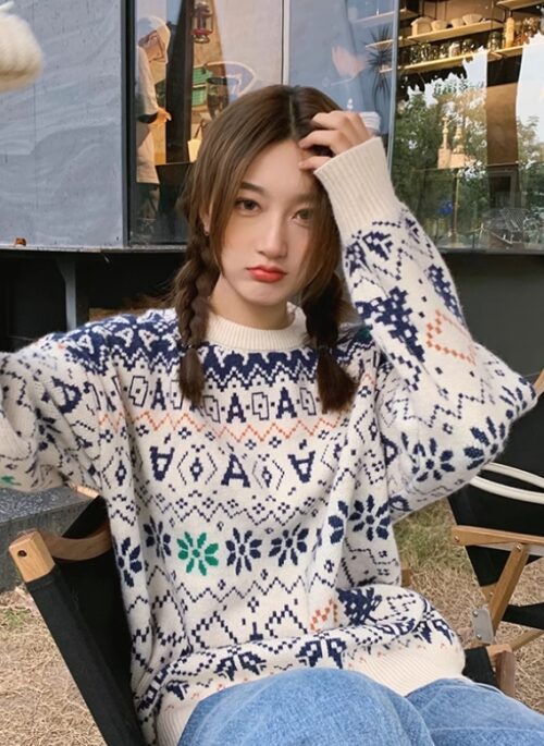 White Aztec Patterned Knit Sweater | Soobin - TXT